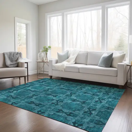 3' X 5' Teal Floral Medallion Washable Non Skid Indoor Outdoor Area Rug Photo 9