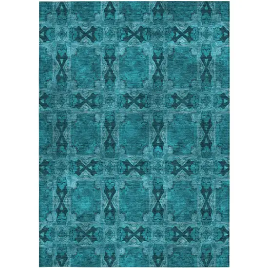 3' X 5' Teal Floral Medallion Washable Non Skid Indoor Outdoor Area Rug Photo 5