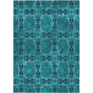 Photo of 3' X 5' Teal Floral Medallion Washable Non Skid Indoor Outdoor Area Rug