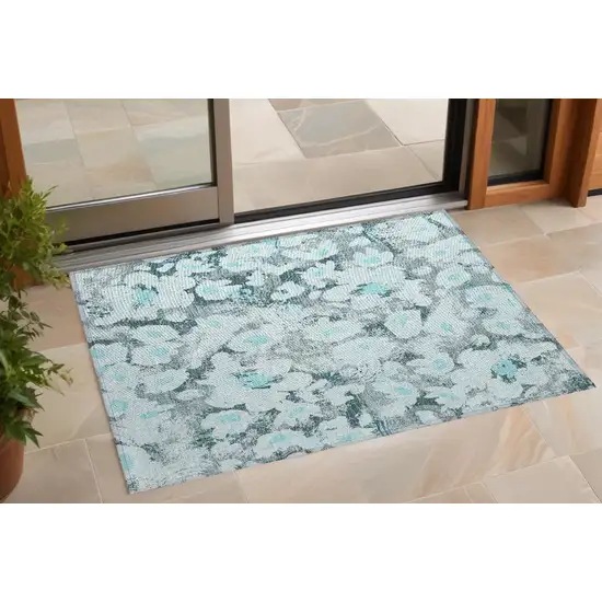 Teal Floral Washable Non Skid Indoor Outdoor Area Rug Photo 1