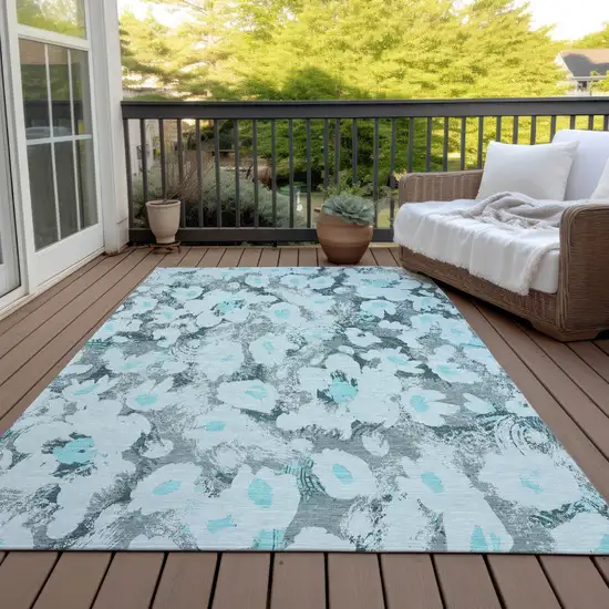 3' X 4' Teal Floral Washable Non Skid Indoor Outdoor Area Rug Photo 7