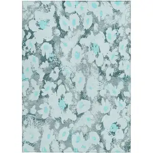 Photo of 3' X 4' Teal Floral Washable Non Skid Indoor Outdoor Area Rug