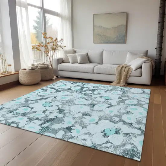 3' X 4' Teal Floral Washable Non Skid Indoor Outdoor Area Rug Photo 9