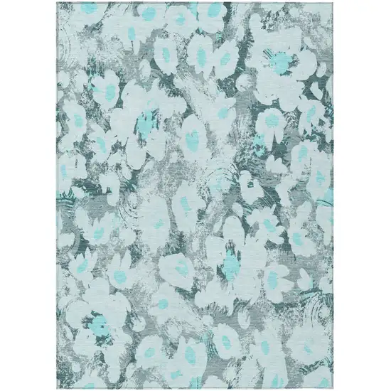 3' X 4' Teal Floral Washable Non Skid Indoor Outdoor Area Rug Photo 2