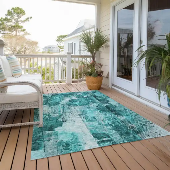 3' X 4' Teal Floral Washable Non Skid Indoor Outdoor Area Rug Photo 8