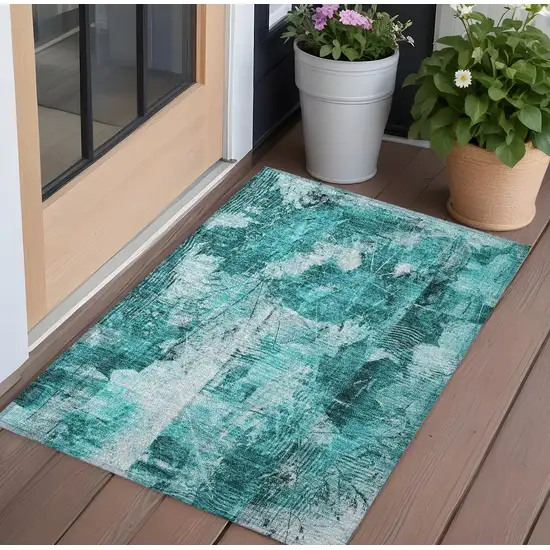 3' X 4' Teal Floral Washable Non Skid Indoor Outdoor Area Rug Photo 1