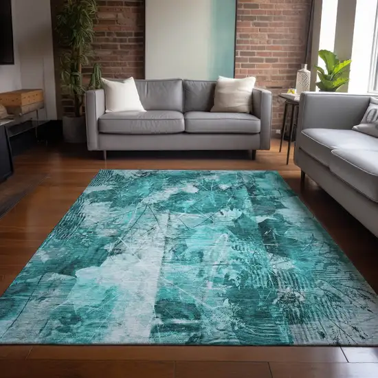 3' X 4' Teal Floral Washable Non Skid Indoor Outdoor Area Rug Photo 9