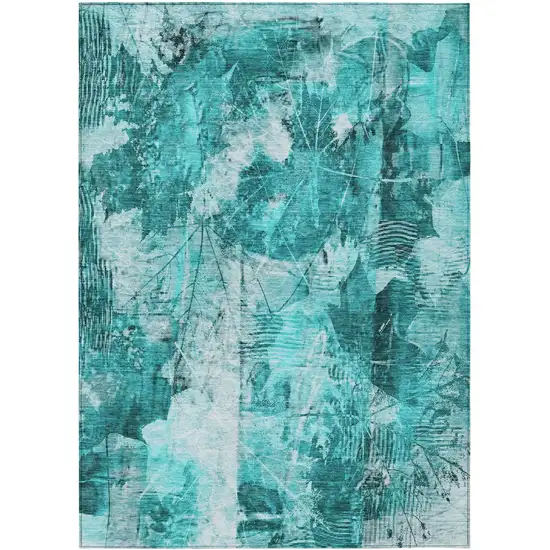 3' X 5' Teal Floral Washable Non Skid Indoor Outdoor Area Rug Photo 2