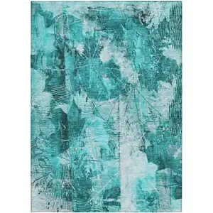 Photo of 3' X 5' Teal Floral Washable Non Skid Indoor Outdoor Area Rug