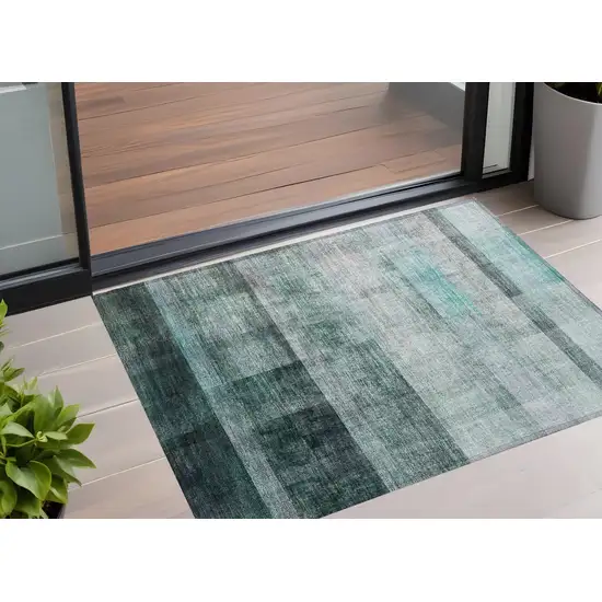 3' X 4' Teal Ombre Washable Non Skid Indoor Outdoor Area Rug Photo 1