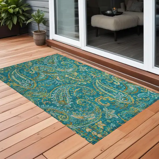 3' X 4' Teal Paisley Washable Non Skid Indoor Outdoor Area Rug Photo 1