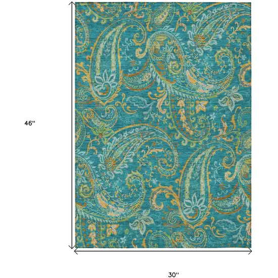 3' X 4' Teal Paisley Washable Non Skid Indoor Outdoor Area Rug Photo 3