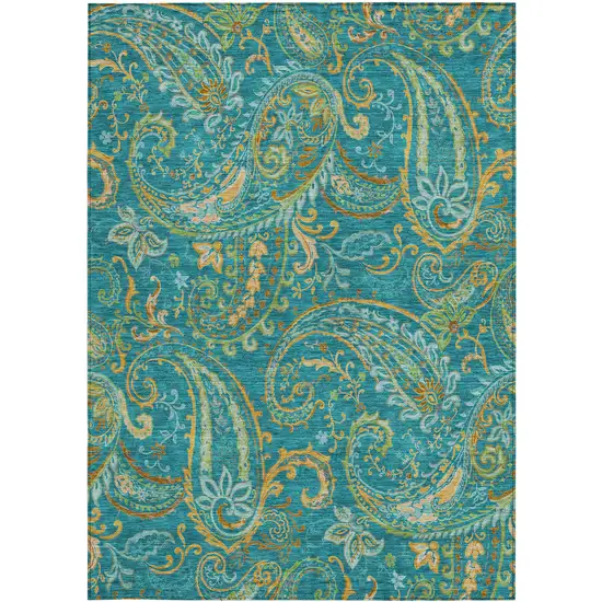 3' X 4' Teal Paisley Washable Non Skid Indoor Outdoor Area Rug Photo 4