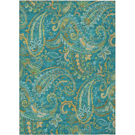 3' X 4' Teal Paisley Washable Non Skid Indoor Outdoor Area Rug Photo 2