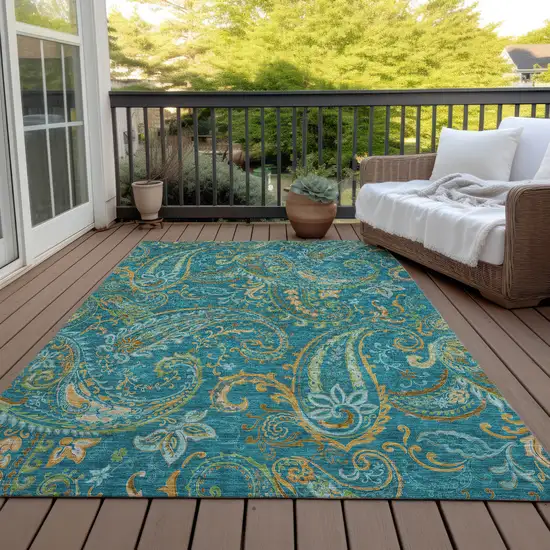 3' X 5' Teal Paisley Washable Non Skid Indoor Outdoor Area Rug Photo 9