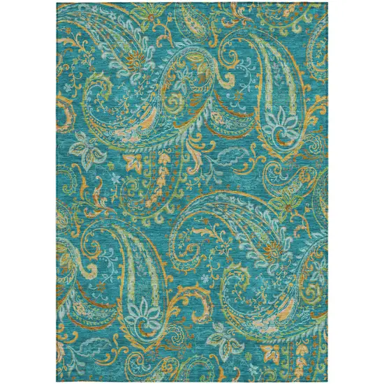 Teal Paisley Washable Non Skid Indoor Outdoor Area Rug Photo 5