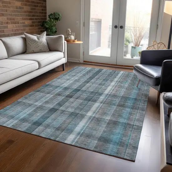 3' X 4' Teal Plaid Washable Non Skid Indoor Outdoor Area Rug Photo 9