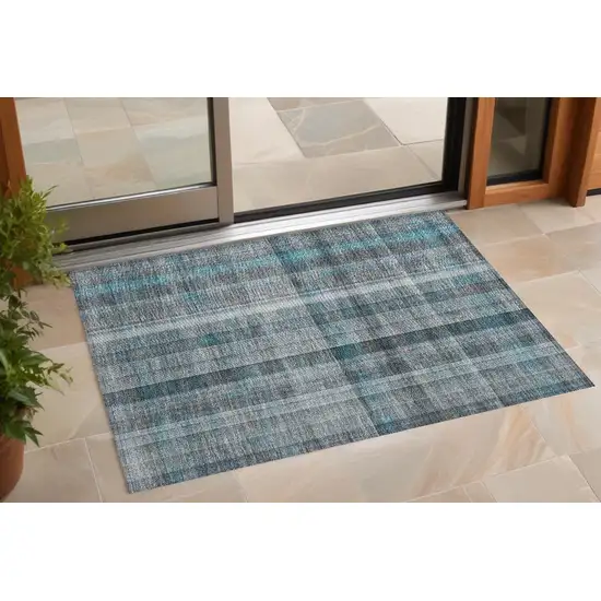 Teal Plaid Washable Non Skid Indoor Outdoor Area Rug Photo 1