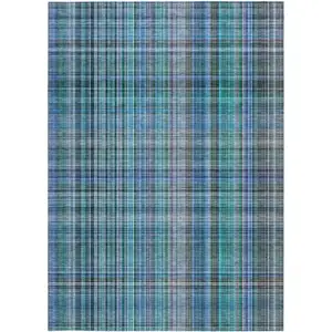 Photo of 3' X 4' Teal Plaid Washable Non Skid Indoor Outdoor Area Rug