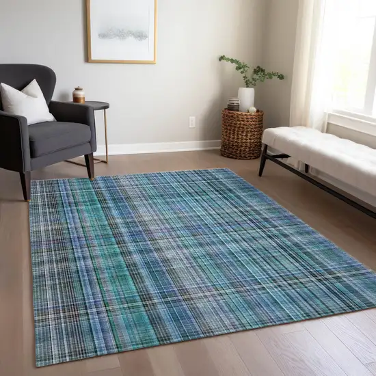 3' X 4' Teal Plaid Washable Non Skid Indoor Outdoor Area Rug Photo 8