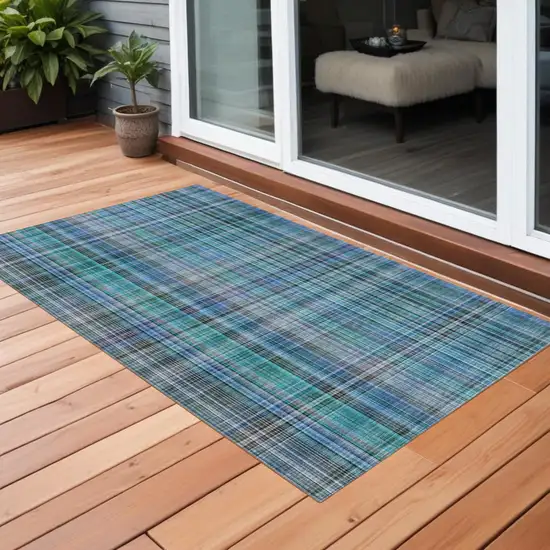 3' X 4' Teal Plaid Washable Non Skid Indoor Outdoor Area Rug Photo 1