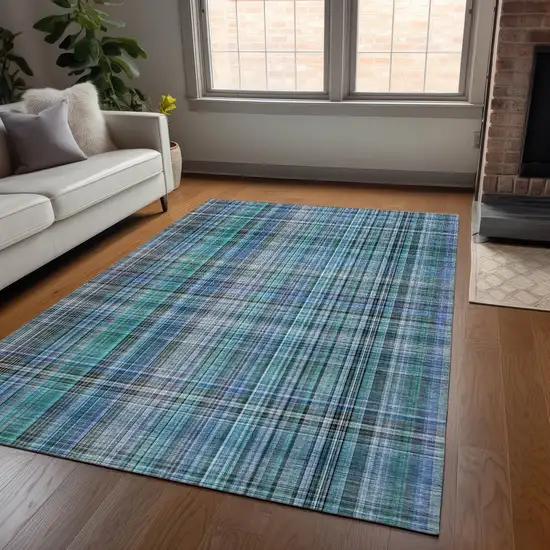 3' X 5' Teal Plaid Washable Non Skid Indoor Outdoor Area Rug Photo 9