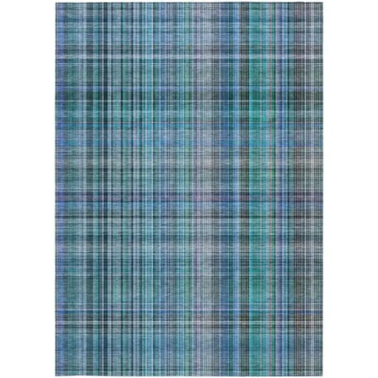 Blue Teal and Gray Plaid Washable Non Skid Indoor Outdoor Area Rug Photo 5