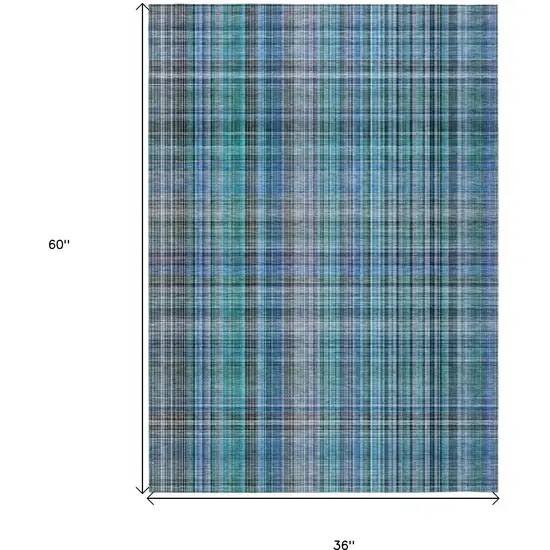 3' X 5' Teal Plaid Washable Non Skid Indoor Outdoor Area Rug Photo 3