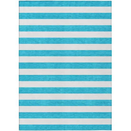 Teal and White Striped Washable Indoor Outdoor Area Rug Photo 2