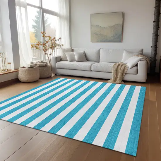 3' X 5' Teal Striped Washable Non Skid Indoor Outdoor Area Rug Photo 8