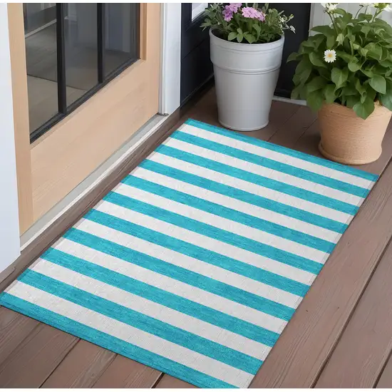 Teal and White Striped Washable Indoor Outdoor Area Rug Photo 1