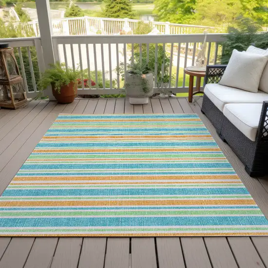 Teal Striped Washable Non Skid Indoor Outdoor Area Rug Photo 9