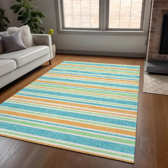 3' X 4' Teal Striped Washable Non Skid Indoor Outdoor Area Rug Photo 8