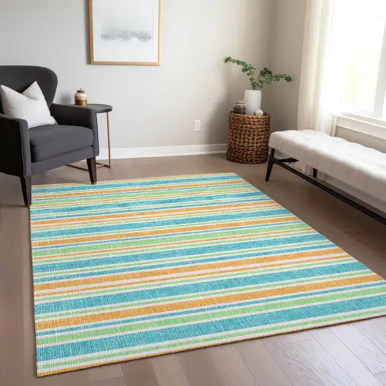 3' X 5' Teal Striped Washable Non Skid Indoor Outdoor Area Rug Photo 8