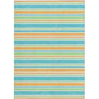 Photo of 3' X 5' Teal Striped Washable Non Skid Indoor Outdoor Area Rug