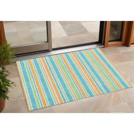 3' X 5' Teal Striped Washable Non Skid Indoor Outdoor Area Rug Photo 1