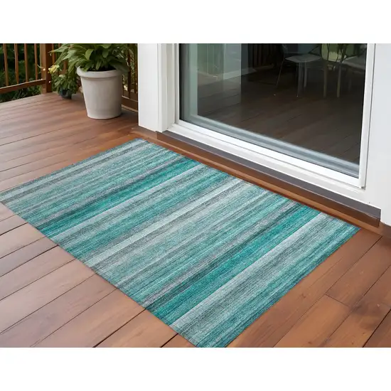 Teal Striped Washable Non Skid Indoor Outdoor Area Rug Photo 1