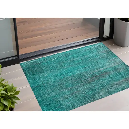 Teal Striped Washable Non Skid Indoor Outdoor Area Rug Photo 1