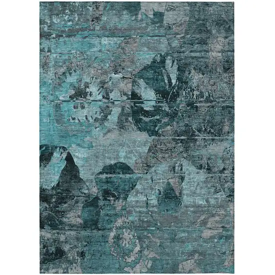 3' X 4' Teal and Gray Floral Washable Non Skid Indoor Outdoor Area Rug Photo 2