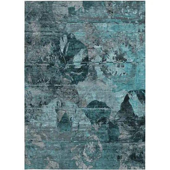 3' X 4' Teal and Gray Floral Washable Non Skid Indoor Outdoor Area Rug Photo 4