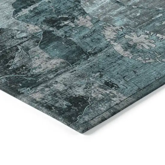 3' X 4' Teal and Gray Floral Washable Non Skid Indoor Outdoor Area Rug Photo 7