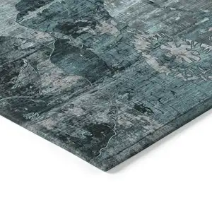 Photo of 3' X 4' Teal and Gray Floral Washable Non Skid Indoor Outdoor Area Rug