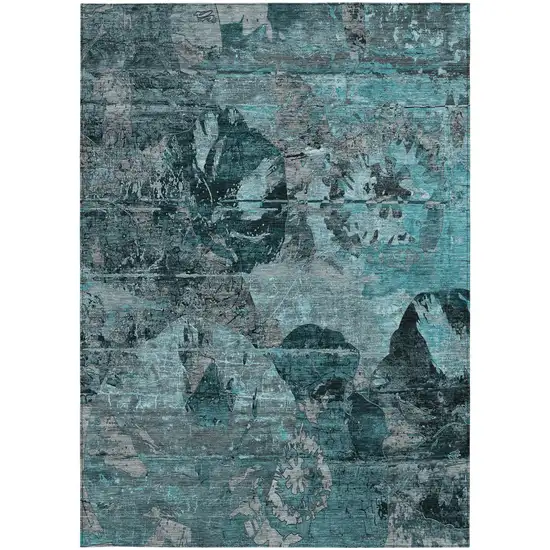 3' X 5' Teal and Gray Floral Washable Non Skid Indoor Outdoor Area Rug Photo 5