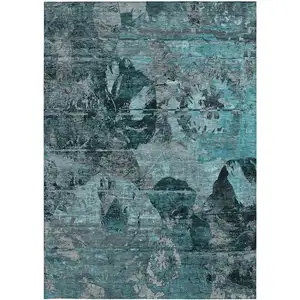 Photo of 3' X 5' Teal and Gray Floral Washable Non Skid Indoor Outdoor Area Rug