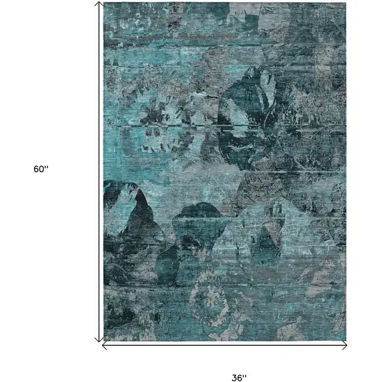 3' X 5' Teal and Gray Floral Washable Non Skid Indoor Outdoor Area Rug Photo 3