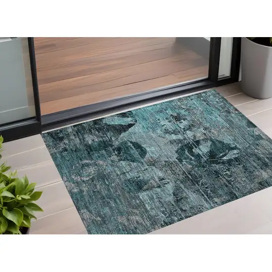 3' X 5' Teal and Gray Floral Washable Non Skid Indoor Outdoor Area Rug Photo 1