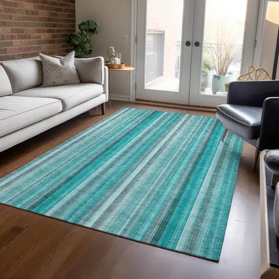 3' X 4' Teal and Gray Striped Washable Non Skid Indoor Outdoor Area Rug Photo 9