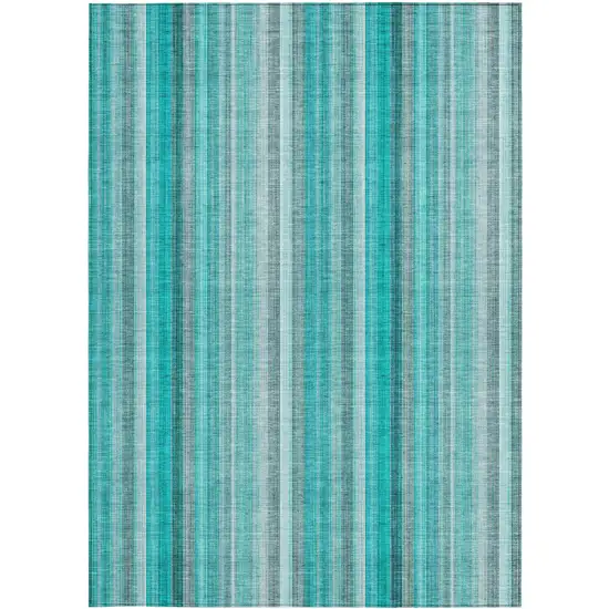 3' X 4' Teal and Gray Striped Washable Non Skid Indoor Outdoor Area Rug Photo 5