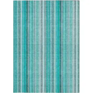 Photo of 3' X 5' Teal and Gray Striped Washable Non Skid Indoor Outdoor Area Rug