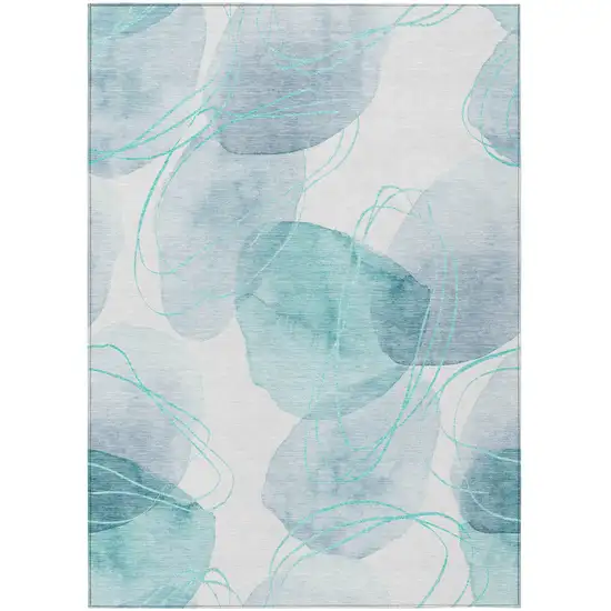 Teal and Ivory Abstract Washable Non Skid Indoor Outdoor Area Rug Photo 2